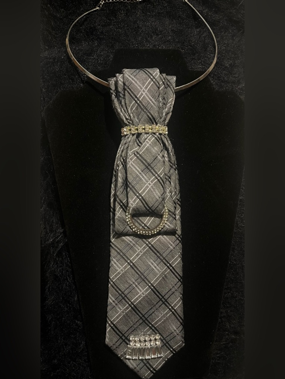 Women's Gray Plaid Decorative Tie with Crystal Accents
